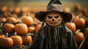 spookachtig halloween vogelverschrikker figuur temidden van de pompoenen in de veld- - generatief ai. foto