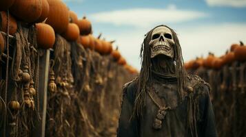 spookachtig halloween skelet vogelverschrikker figuur temidden van de pompoenen in de veld- - generatief ai. foto