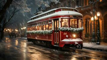 feestelijk Kerstmis vakantie versierd stad- trolley het rijden naar beneden de straat. generatief ai. foto