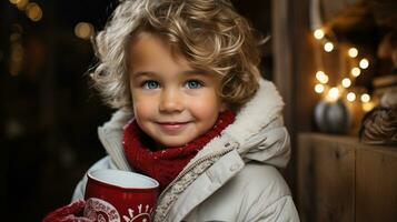 portret van een schattig jong jongen hartelijk gekleed voor een koel winter Kerstmis Holding een kop van heet cacao. generatief ai. foto