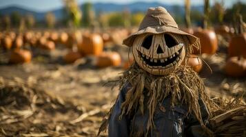 spookachtig halloween vogelverschrikker figuur temidden van de pompoenen in de veld- - generatief ai. foto