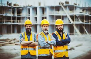 bouw plaats arbeiders staand met gevouwen armen vervelend veiligheid vesten en helmen. foto