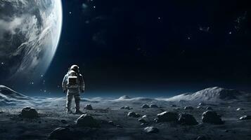 ruimtevaarder of astronaut Aan de oppervlakte van maan. ai gegenereerd. foto