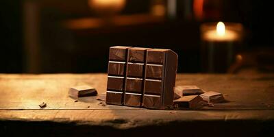 stukken van donker chocola Aan houten tafel. heerlijk chocola bar. generatief ai foto