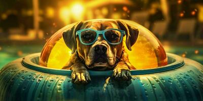 een hond ontspannende Aan een zwemmen ring in een zwembad. generatief ai foto