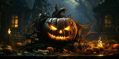 eng halloween pompoen met een griezelig glimlach. onheil jack O' lantaarn Aan spookachtig achtergrond. generatief ai foto