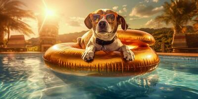 een hond ontspannende Aan een zwemmen ring in een zwembad. generatief ai foto