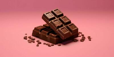 stukken van chocola geïsoleerd Aan roze achtergrond. heerlijk chocola bar. generatief ai foto