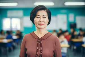 Aziatisch vrouw leraar staand klas. genereren ai foto