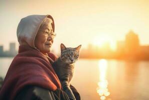 senior Aziatisch vrouw kat. genereren ai foto