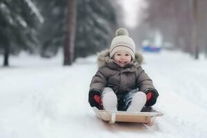 jongen winter slee snelheid. genereren ai foto