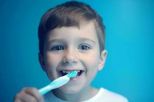 jongen gelukkig poetsen tanden. genereren ai foto