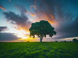 vrij foto breed hoek schot van een single boom groeit onder een bewolkt lucht gedurende een zonsondergang omringd door gras ai generatief