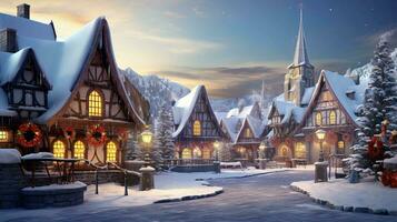 betoverend Kerstmis dorp. een magisch winter wonderland komt naar leven foto