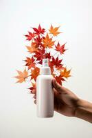 persoon toepassen hand- ontsmettingsmiddel te midden van herfst bladeren geïsoleerd Aan een wit achtergrond foto