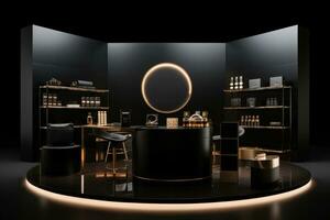 luxe tentoonstelling ruimte met donker matte voetstuk podium staan en licht voor presentatie van gebrandmerkt producten foto
