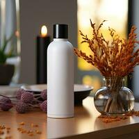 Product presentatie kunstmatig room shampoo schoonheid fles mockup natuur branding Product generatief ai foto