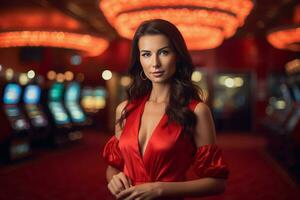 casino brunette meisje. genereren ai foto