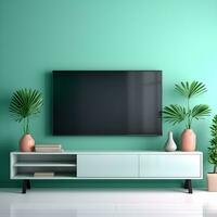minimalistische leven kamer met natuurlijk groen decor, ai gegenereerd foto