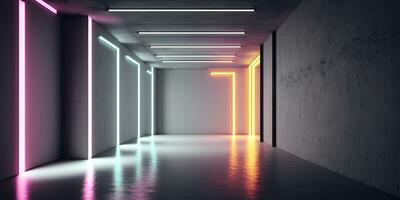 abstract beton kamer met neon lichten voor Product presentatie foto
