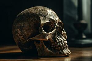 elegant gegraveerde schedel kunst in filmische schot foto