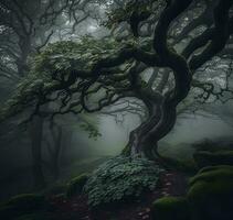 betoverend Woud met gedraaid eik bomen foto