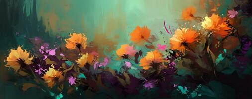 levendig bloemen schilderij Aan helder achtergrond in licht oranje en Purper stijl foto