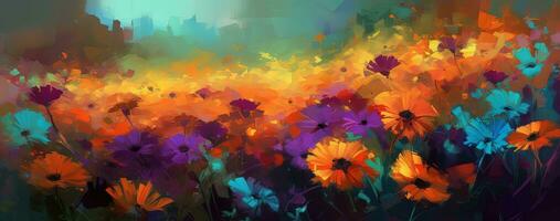 levendig bloemen schilderij Aan helder achtergrond in licht oranje en Purper stijl foto