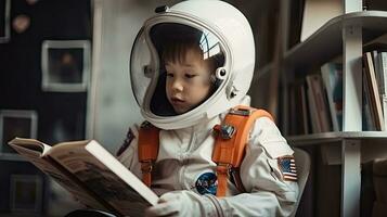 aanbiddelijk jongen lezing een boek in een astronaut kostuum foto