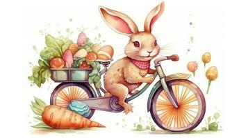 vrolijk konijn vieren Pasen Aan een fiets met een ei foto