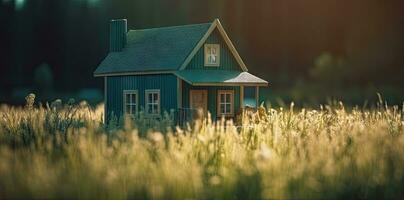 rustig groen houten huis in hoog gras foto