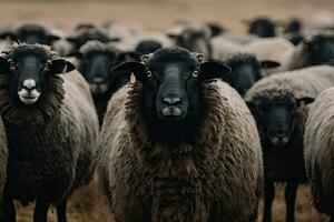 majestueus zwart schapen kudde met een uniek wit schapen in de centrum foto