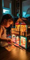 kleurrijk karton pop huis met meerdere kamers gebouwd door een weinig meisje foto