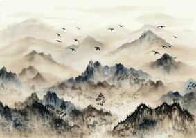 inkt wassen schilderij van majestueus bergen met vliegend vogelstand foto