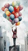 vrijgeven hoop persoon staand Aan op het dak vrijgeven ballonnen in lucht foto