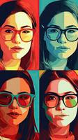 vier Dames sporting uniek bril in kleurrijk illustraties foto