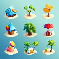 reeks van 9 aanbiddelijk tropisch eiland pictogrammen voor 3d spel middelen foto