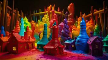 kleurrijk klei model- van een torenhoog miniatuur dorp Aan een tafel foto