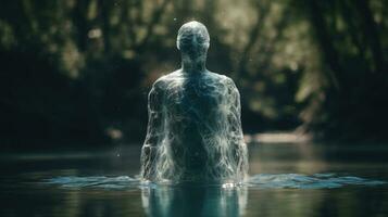 surrealistische water menselijk opkomend van rivier- in naadloos overgang foto