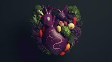 vers en kleurrijk menselijk hart gemaakt van groenten planten en fruit foto
