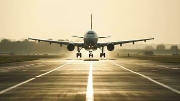 vliegtuig landen Aan luchthaven landingsbaan met hoog detail foto