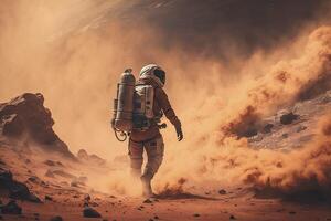 verkennen de rood planeet astronaut verzamelen monsters Aan Mars oppervlakte generatief ai foto