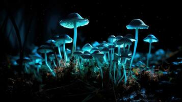 gloeiend magie champignons in een psychedelisch Woud foto