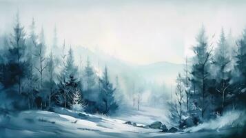 nevelig winter wonderland een waterverf landschap van een bevroren taiga Woud foto