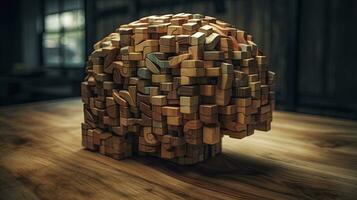 houten puzzel blokken vormen een hersenen vorm voor logisch denken concept foto