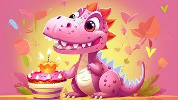 vieren met een tekenfilm dinosaurus en verjaardag taart Aan een meisjesachtig roze backdrop foto