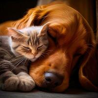 katachtig en hoektand metgezellen een mooi kat knuffels met een hond foto