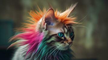 humoristisch portret van een kleurrijk kat met een punk- mohawk foto