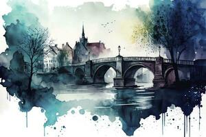waterverf stadsgezicht met brug en rivier- in koel kleuren foto