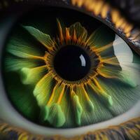 betoverend detailopname van groen en hazelaar oog iris met lang wimpers foto